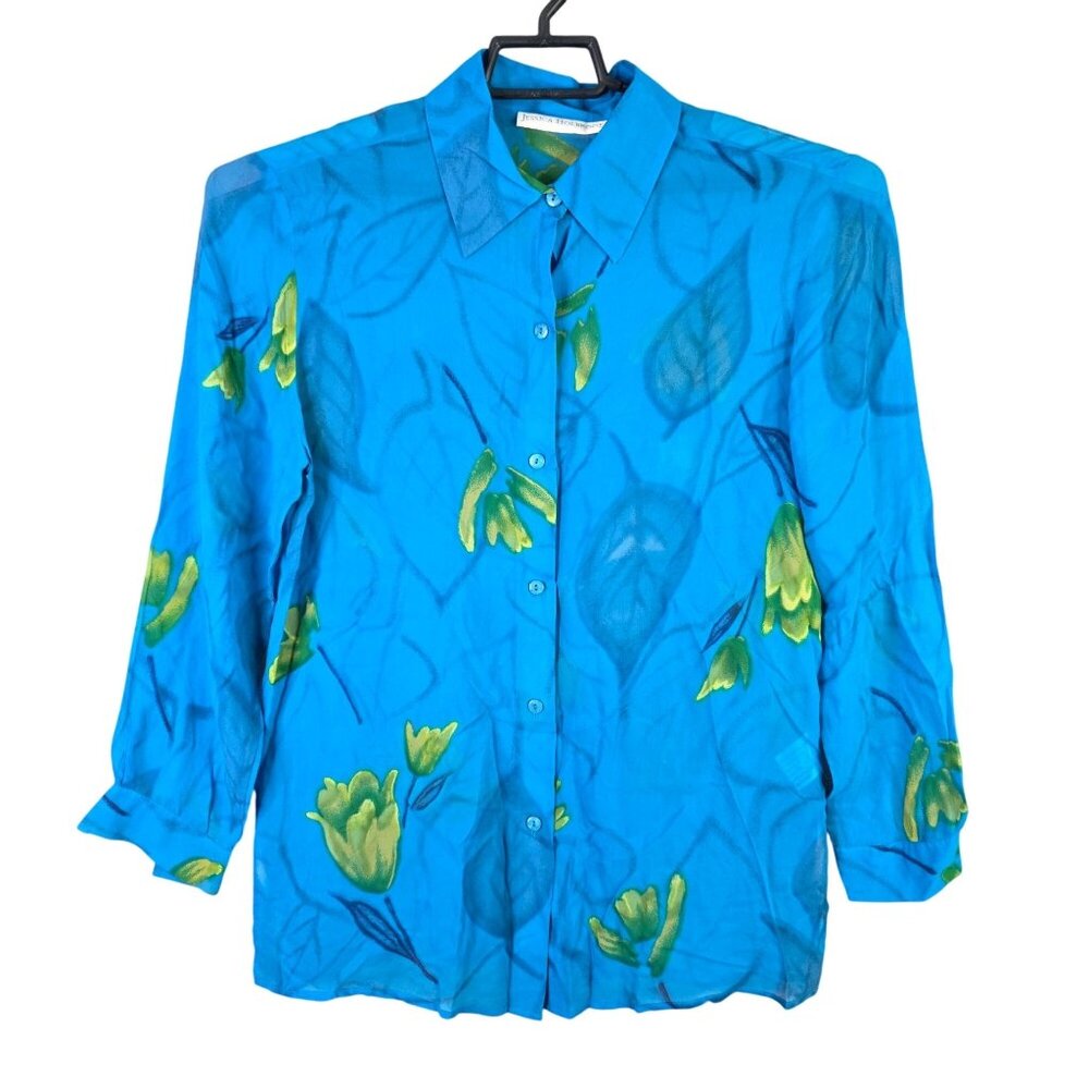 Womens Jessica Holbrook Blue 100% Silk Floral Blouse Long Sleeve Button Up S